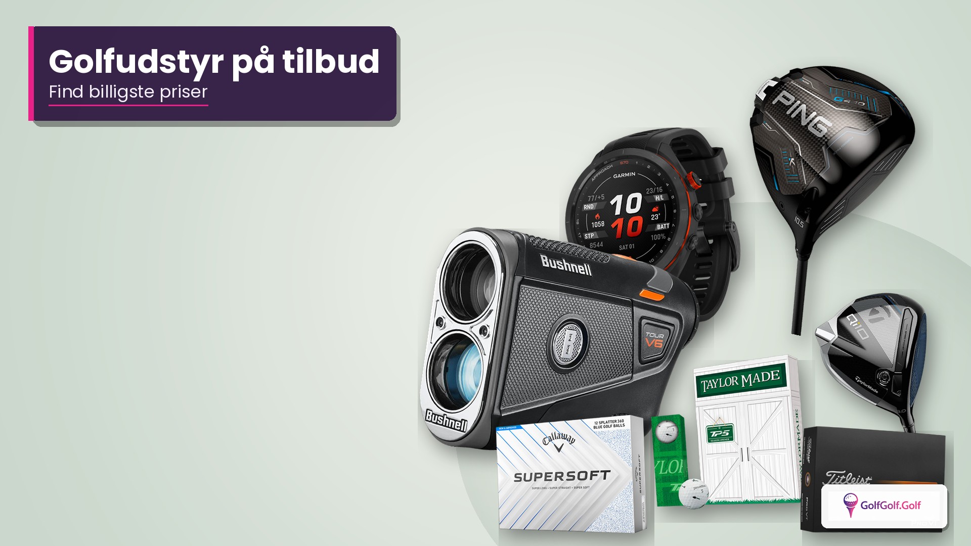 Lys produktcollage med golfbolde, GPS, afstandsmåler og drivere til golfudstyr på tilbud og prissammenligning.